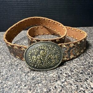 Fossil Men's Western Leather Belt Floral Engraved Buckle Brown Size Medium